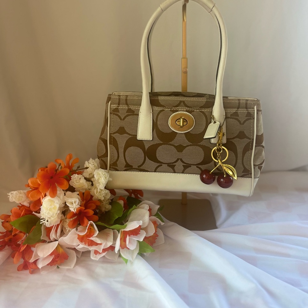 Coach Brown and White Structured Satchel with Leather Accents